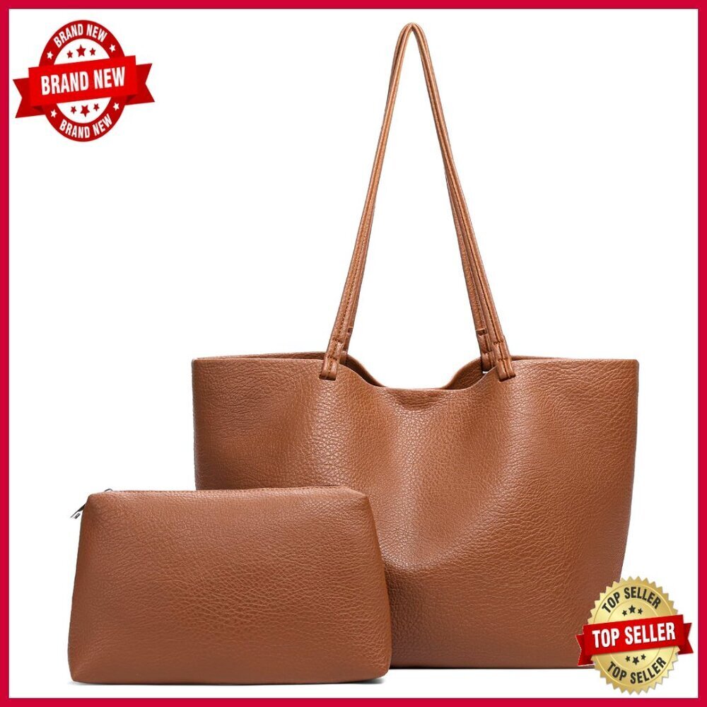 Large Vegan Leather Tote Bag with Zipper Pocket for Work and Travel